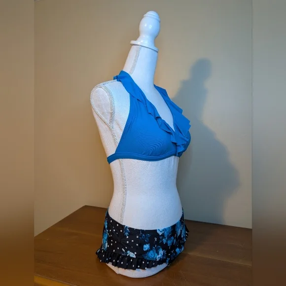 Chaps Blue Ruffle Halter Bikini Top & Bottom SZ 6 - Picture 8 of 16
